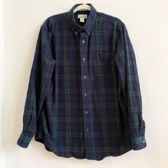 L.L. Bean Flannel Shirt Mens Large Scotch Plaid Button Down Tartan Green Blue - Picture 1 of 11